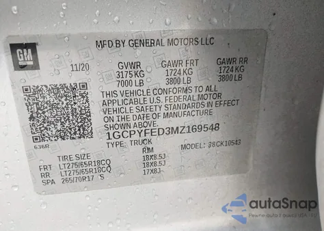 2021 Chevrolet Silverado 1500 4Wd Short Bed Lt Trail Boss from USA, damaged, VIN 1GCPYFED3MZ169548